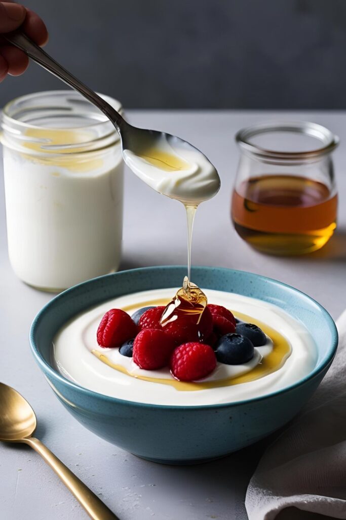  A close-up of thick, creamy homemade yogurt in a bowl, garnished with fresh fruit.