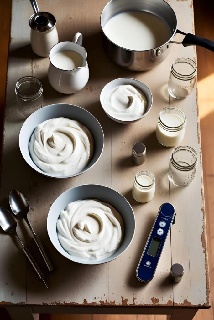 Homemade yogurt in a glass jar with a spoonful being lifted, highlighting its smooth consistency