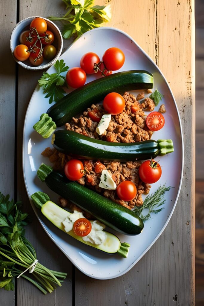 Cheesy stuffed zucchini boats filled with ground turkey, quinoa, and melted cheese, served on a white plate with fresh herbs for a healthy, comforting dinner.