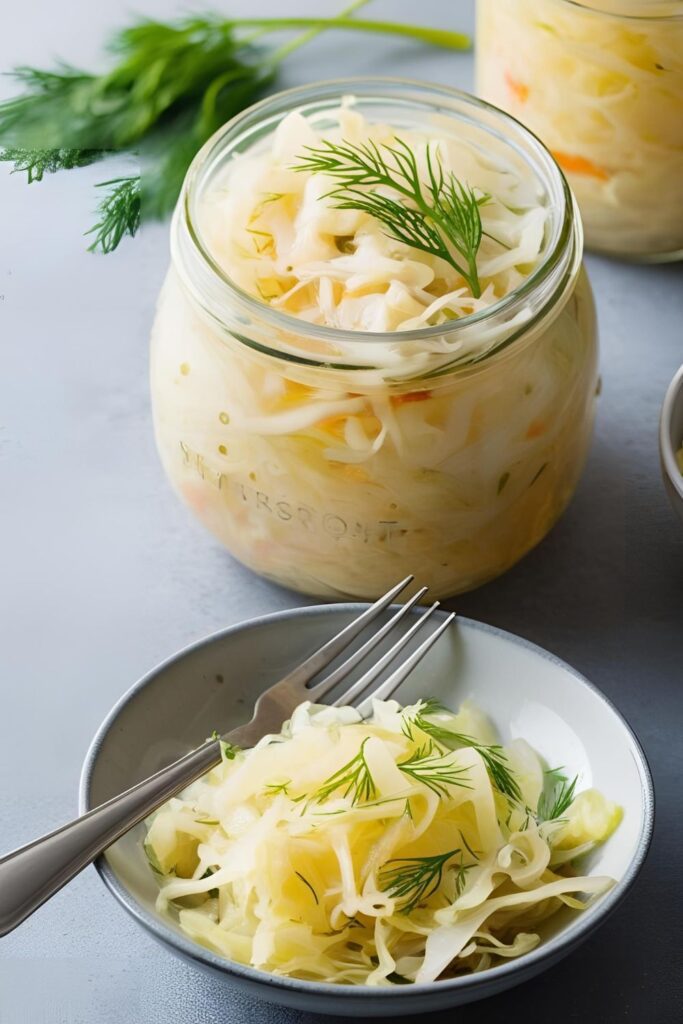Close-up of sauerkraut in a mason jar, highlighting its texture and fermentation bubbles.