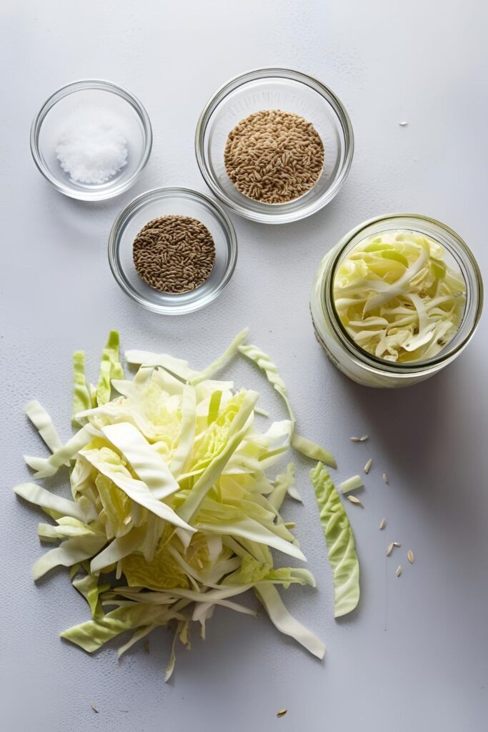 Bowl of vibrant sauerkraut garnished with fresh herbs, showcasing its texture and color.