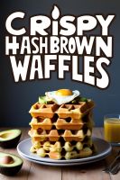 A stack of crispy hash brown waffles topped with a fried egg and garnished with green onions.