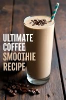 "A glass of coffee smoothie on a wooden table with ingredients scattered around."