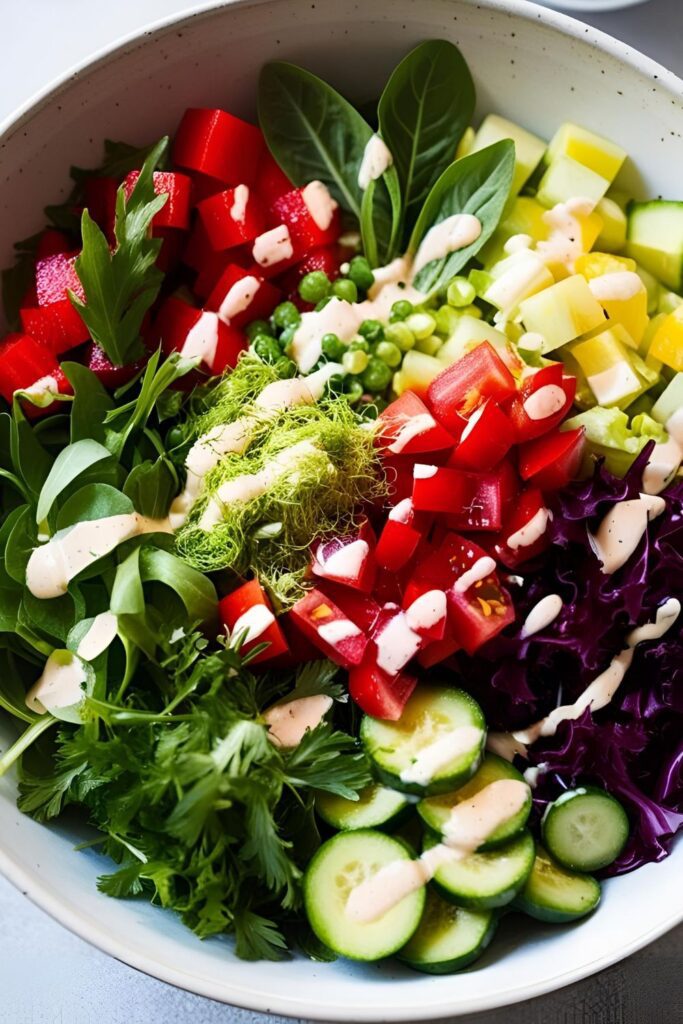 A neatly arranged bowl with layers of grains, proteins, and colorful veggies.