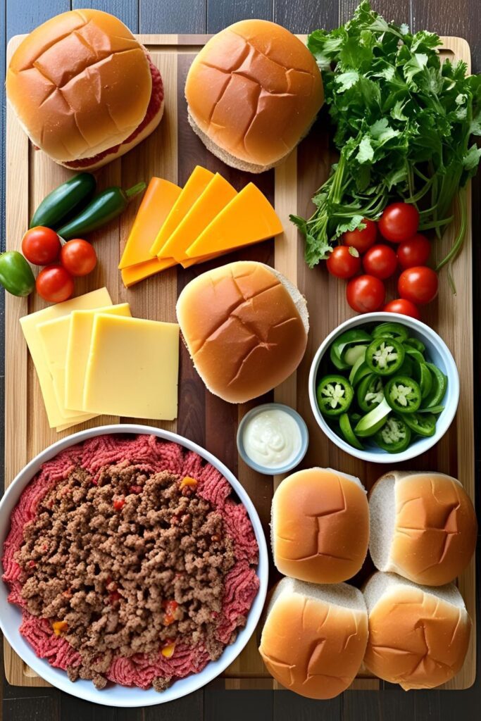 A close-up of a burger being lifted, showcasing the gooey melted cheese stretching between the bun and patty.