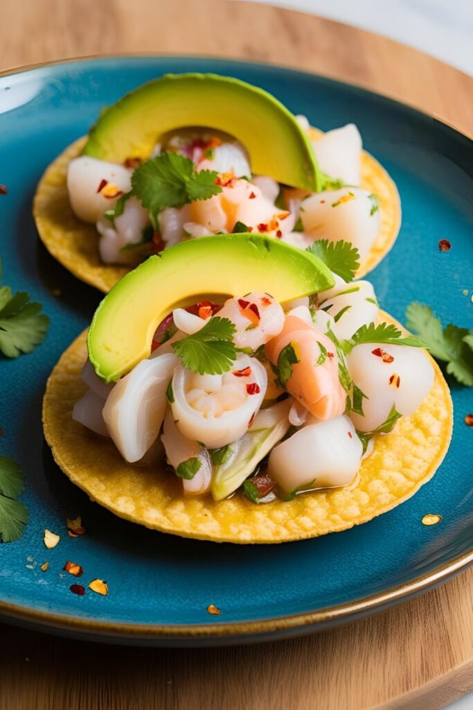 A serving of ceviche on a tostada, topped with avocado slices and chili flakes.