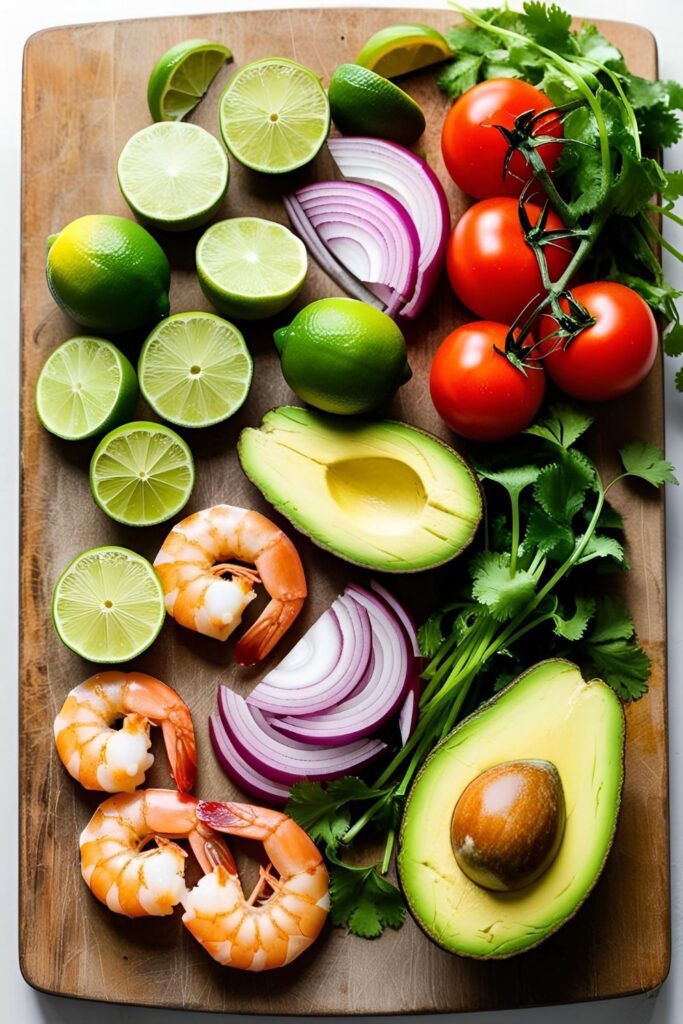 Close-up of a colorful ceviche served in a glass with avocado and lime.