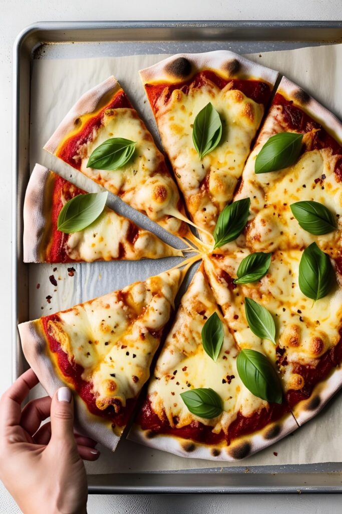 "Golden brown crispy pizza fresh out of the oven with minimal ingredients."