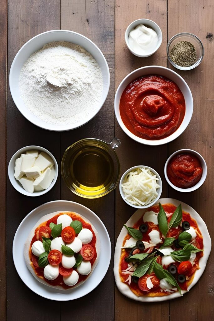 Step-by-step process of making a no-yeast pizza dough using flour and yogurt."