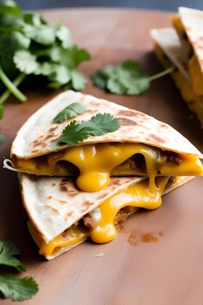 A beautifully plated quesadilla served with sides of guacamole and salsa, ready to be devoured.