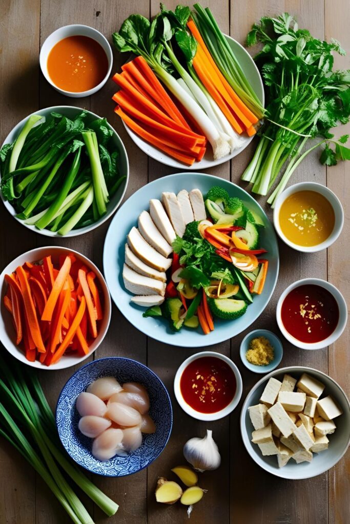  A healthy 15-minute stir fry with vegetables and protein in a wok.