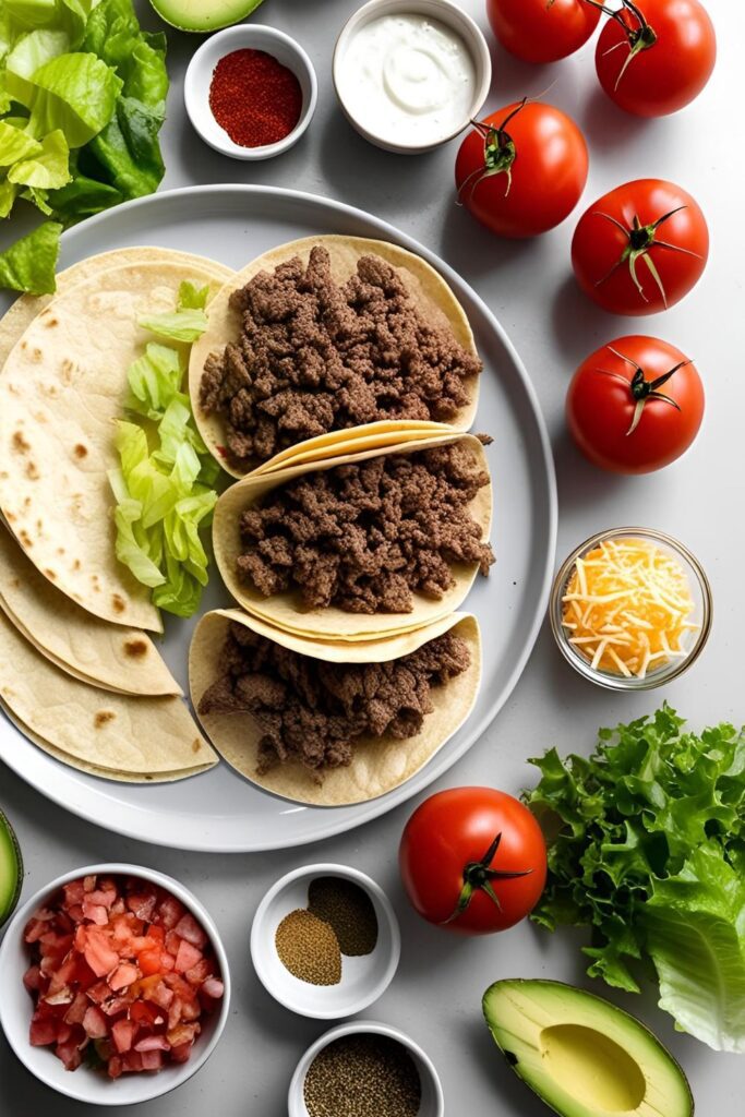 Close-up of a 15-minute taco filled with seasoned meat and fresh vegetables.