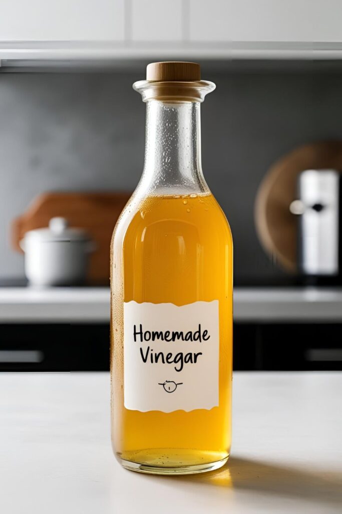 "Rustic kitchen setup with ingredients for making accelerated vinegar, including fruit scraps and sugar."
