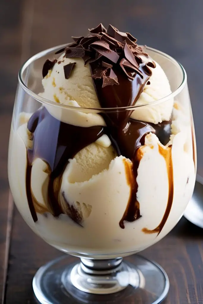 A glass of affogato pudding with melting vanilla gelato and a shot of espresso.