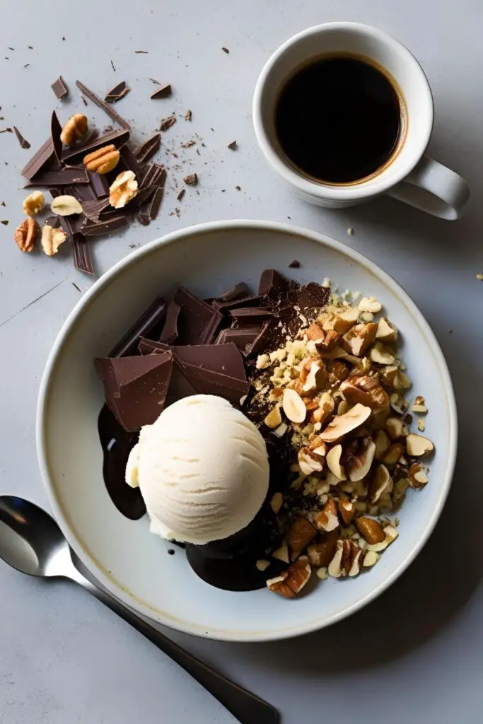 Step-by-step preparation of affogato pudding with espresso and gelato.