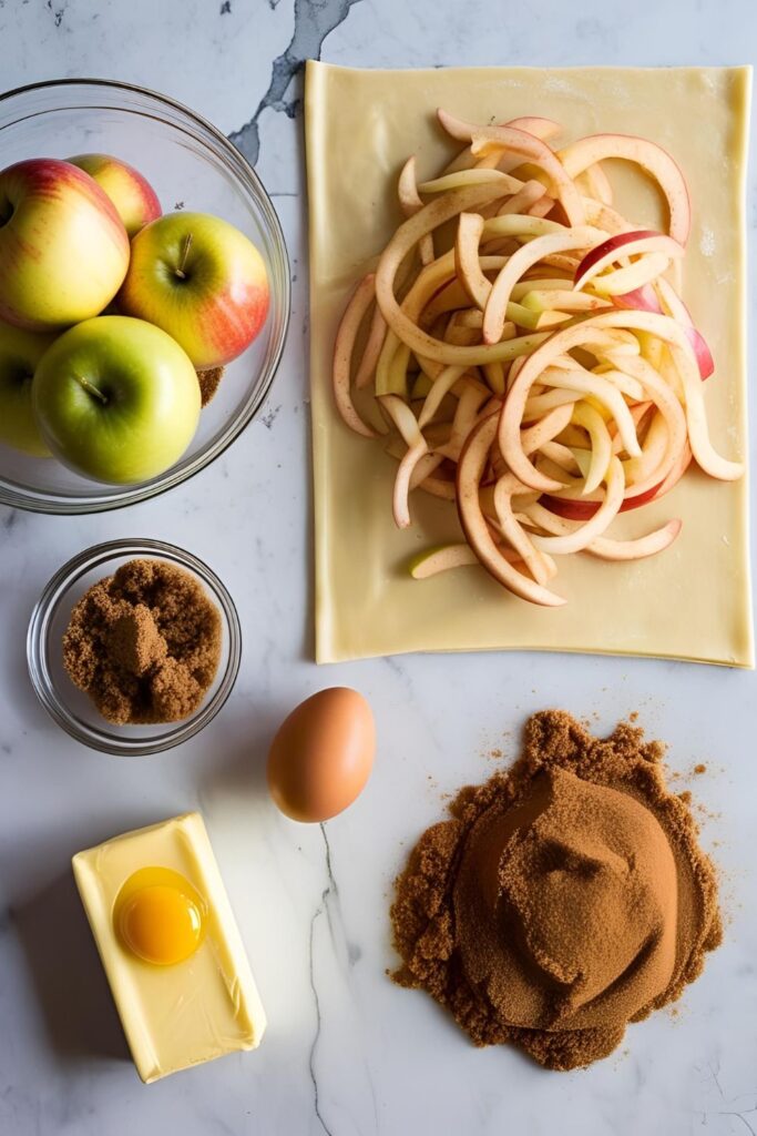 "Close-up of flaky apple spirals topped with powdered sugar and caramel drizzle."
