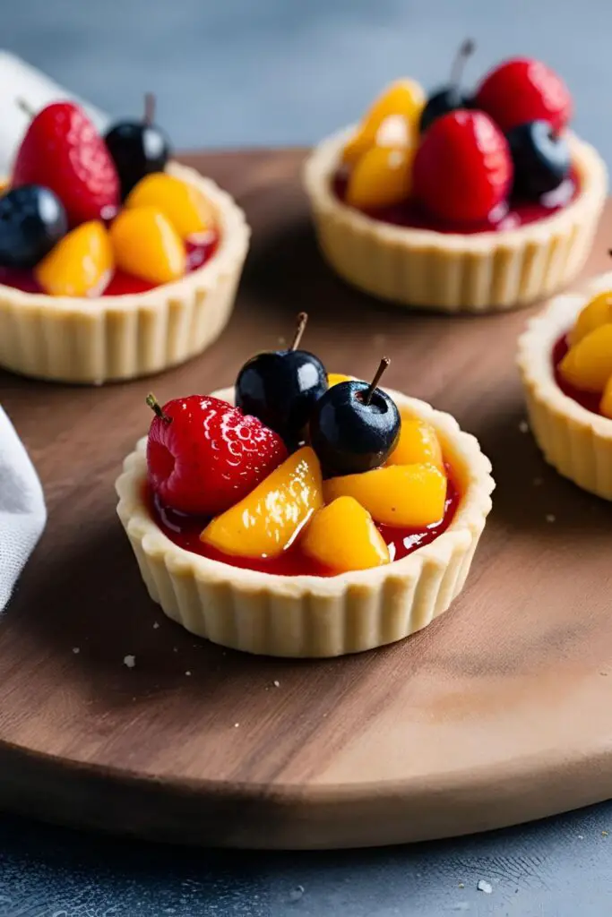 "Mini fruit tarts topped with assorted fresh fruits on a pastel-colored plate."
