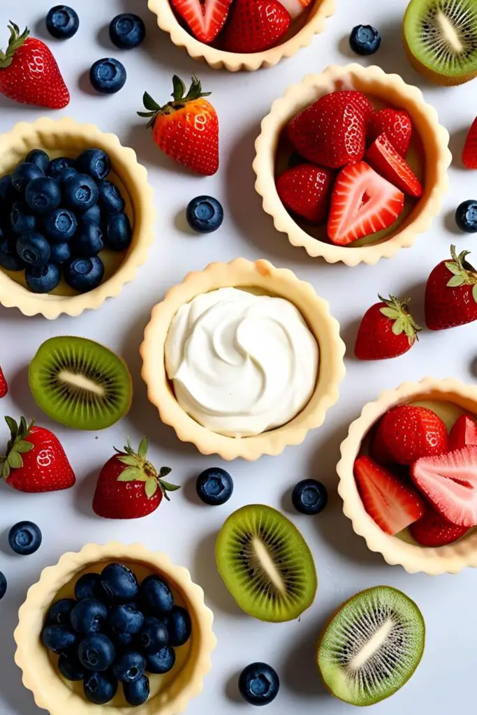  "Close-up of a mini fruit tart with strawberries and blueberries on a wooden table."