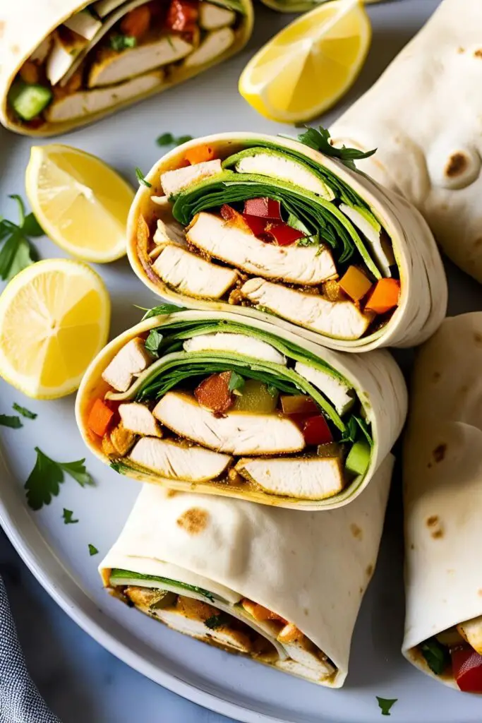 Overhead shot of grilled Greek chicken gyro wraps arranged on a serving platter, garnished with lemon wedges, dill, and crumbled feta cheese.