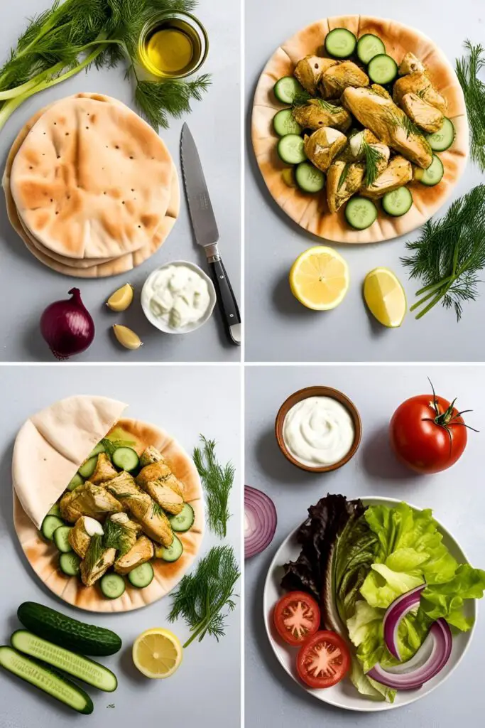 Flat lay of fresh ingredients for Greek Chicken Gyros including marinated chicken, pita bread, cucumber, garlic, dill, yogurt, lemon, and vegetables.