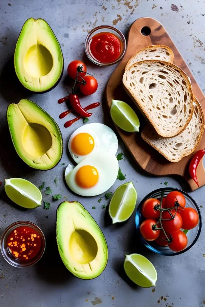 "Close-up of spicy avocado toast with egg and Sriracha on a white plate.
