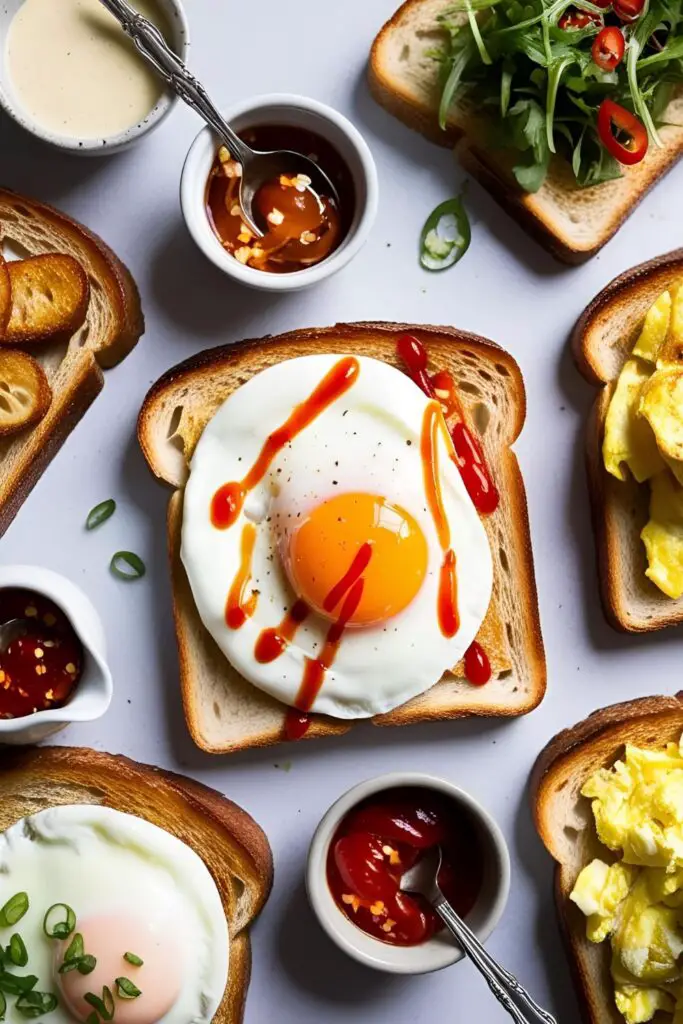 "Overhead view of avocado toast with sunny-side-up egg, mashed avocado, and a zigzag drizzle of Sriracha, served on toasted sourdough with lime and cherry tomatoes on the side."