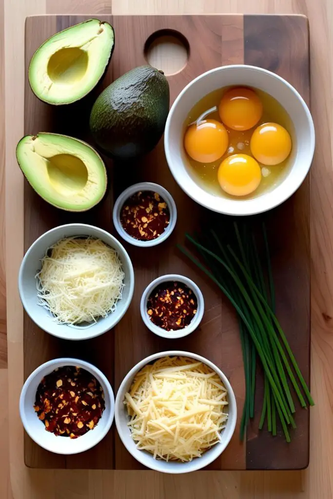 Healthy baked avocado egg boats served hot with toppings and herbs, perfect for low-carb brunch