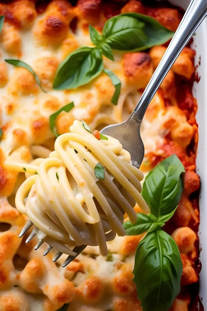Overhead shot of Baked Feta Pasta with Cherry Tomatoes in a baking dish, ready to serve.