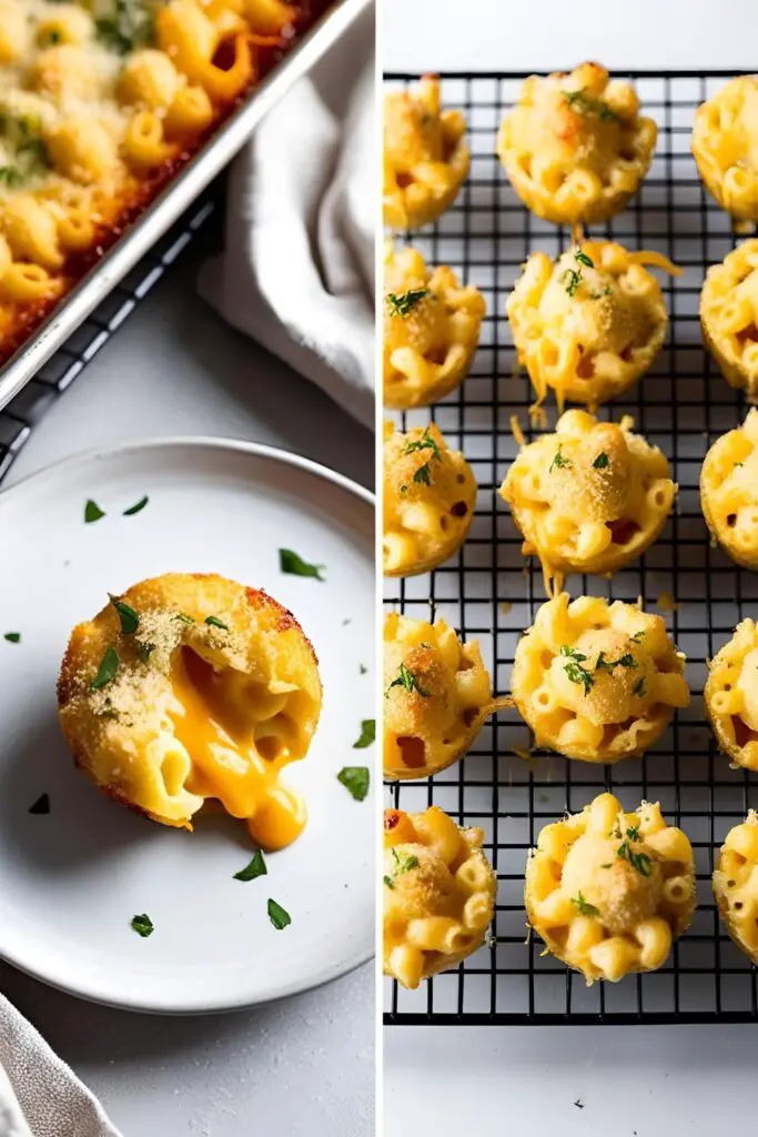 Baked mac and cheese bites on a wooden board with dipping sauce, party-ready and delicious