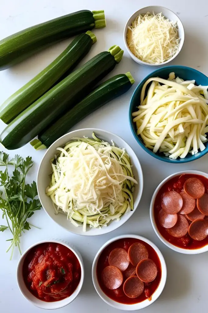 Baked zucchini halves topped with melted cheese and pepperoni arranged neatly on parchment paper
