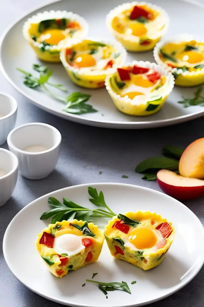 A cut-open Breakfast Egg Muffin Cup on a plate, revealing colorful vegetables, melted cheese, and fluffy eggs inside, served with a side of fresh fruit.