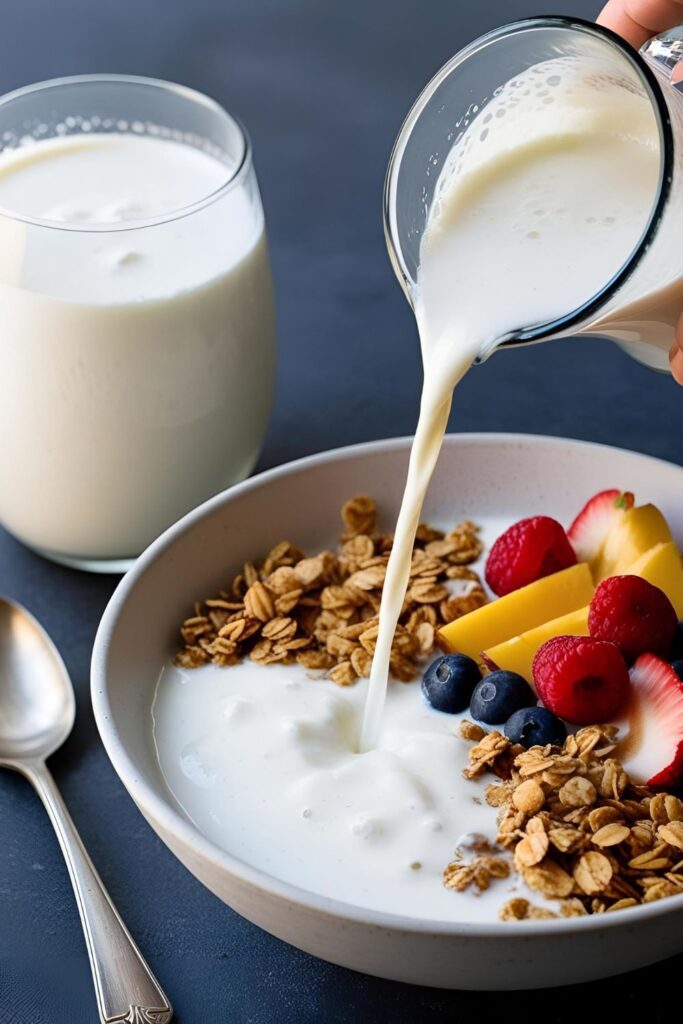 A bowl of granola topped with fruits and a drizzle of brisk kefir.