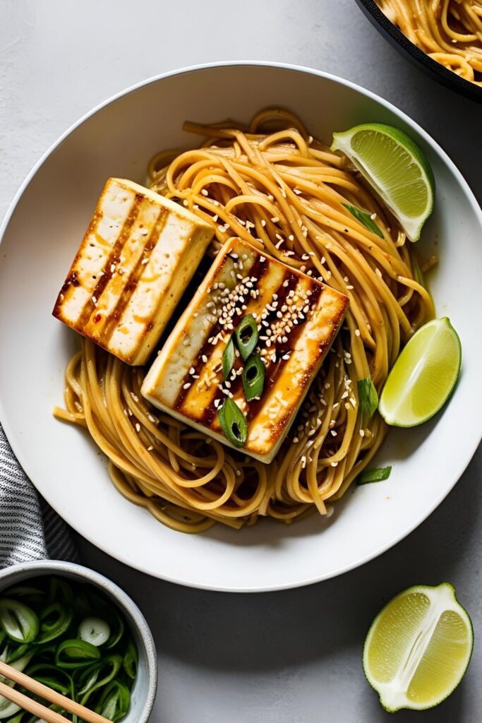 Close-up of broccoli stem noodles twirled on a fork, highlighting their texture and garnishes.