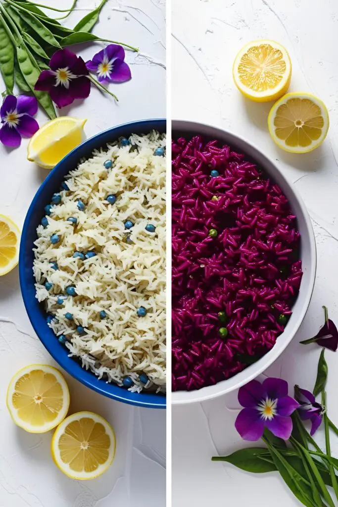 Butterfly pea rice served with grilled vegetables and chicken on a white plate