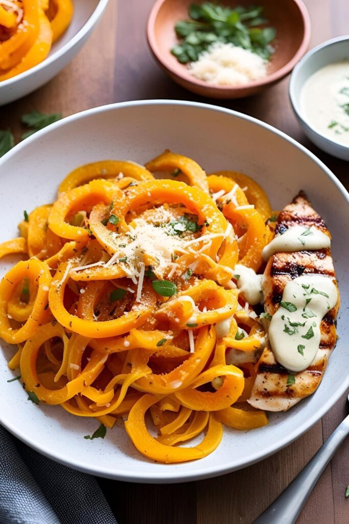 Bowl of butternut squash noodles topped with grilled chicken and creamy sauce.