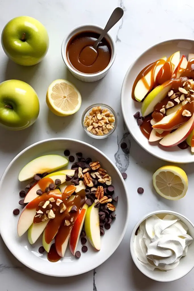 Close-up of caramel apple nachos with whipped cream and chocolate chips