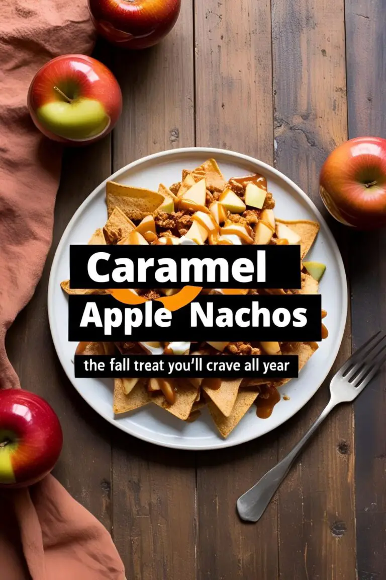 Overhead image of caramel apple nachos drizzled in toppings on a wooden serving board