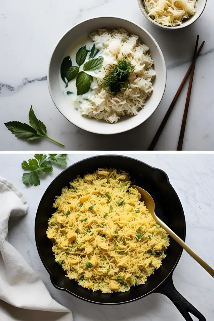 Overhead shot of fluffy jasmine rice in a white bowl with fresh herbs sprinkled on top