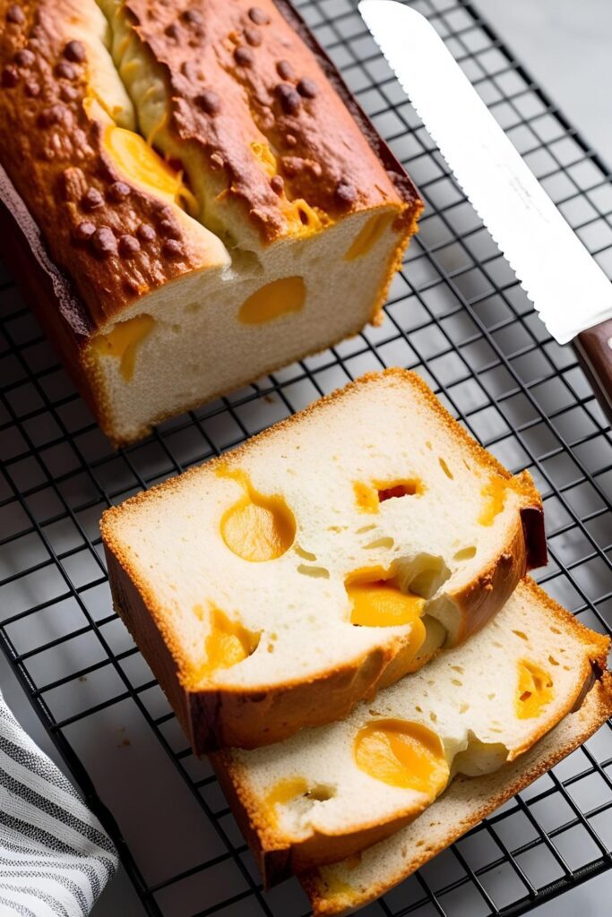 A whole cheese bread loaf on a wooden board, with slices revealing the melted cheese inside.