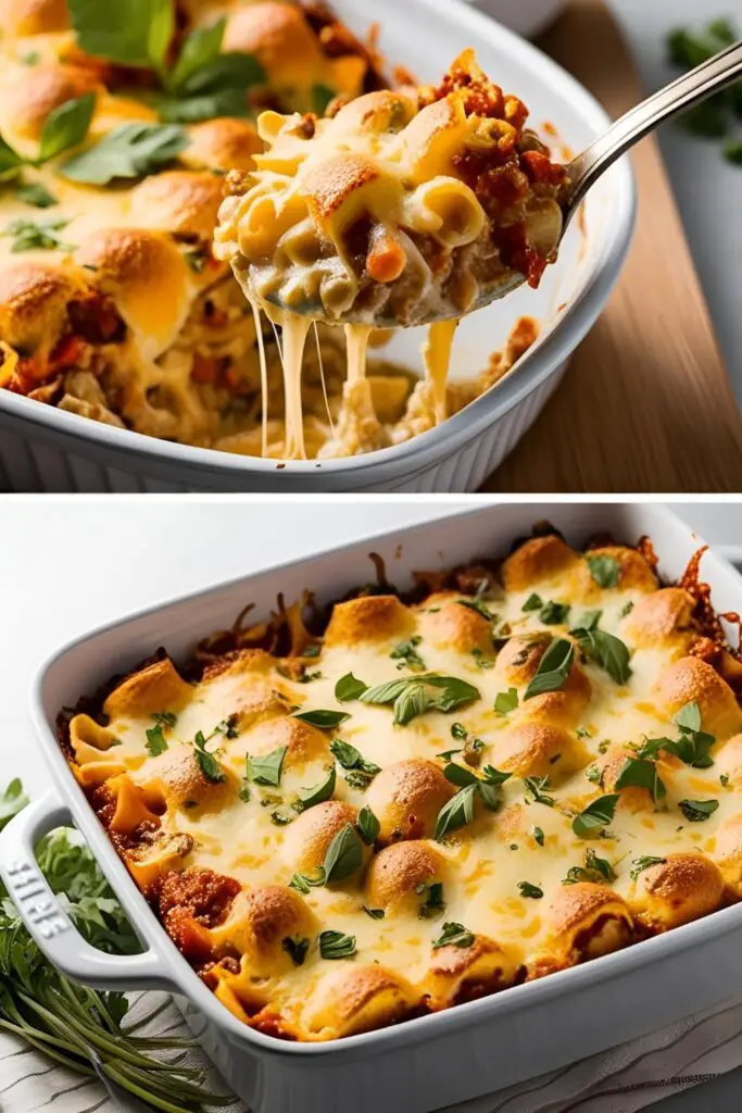 Close-up of a cheesy broccoli potato casserole with a crispy, golden top layer.