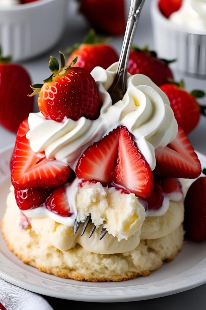  A serving of strawberry shortcake garnished with mint leaves and powdered sugar.