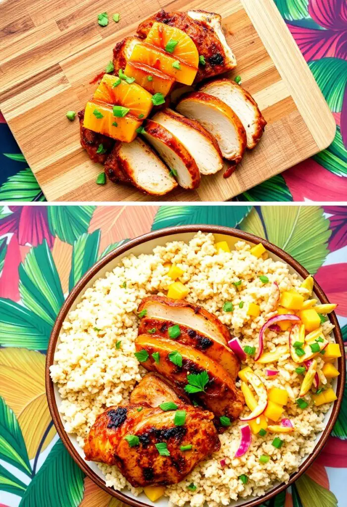 Close-up of spicy grilled pineapple jerk chicken topped with herbs and pineapple chunks