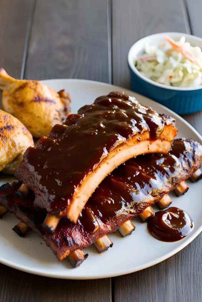 A close-up of ribs coated in coffee BBQ sauce, ready to be served.