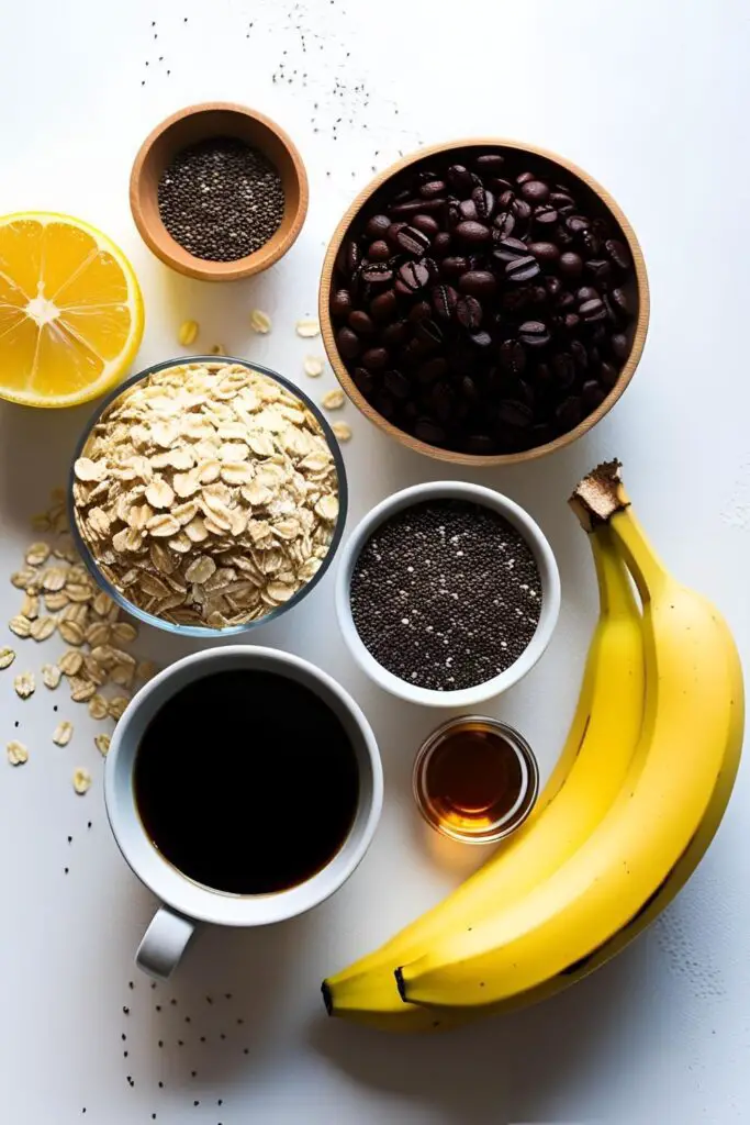 Overhead shot of coffee oatmeal with a spoon and scattered coffee beans.