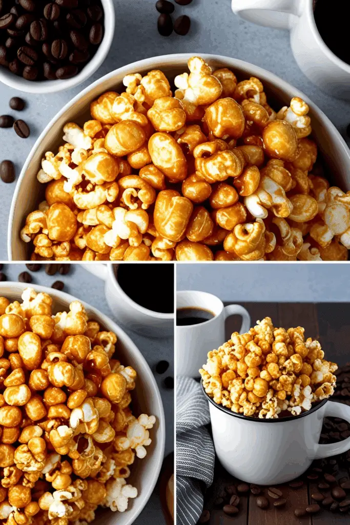 Gourmet-style coffee popcorn in a bowl with espresso beans and vanilla pods
