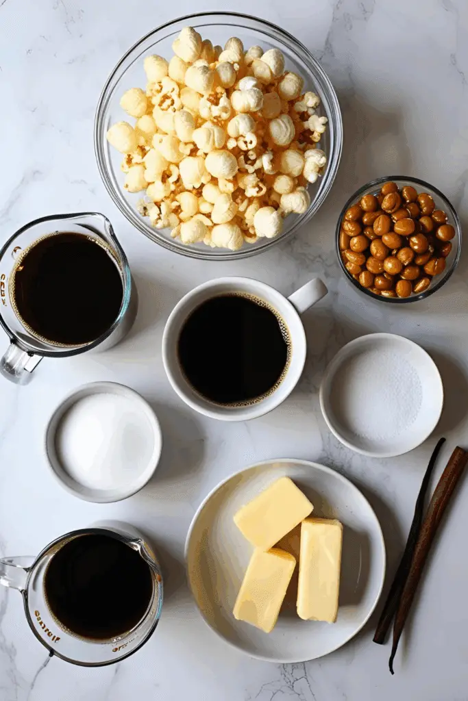 Close-up of crunchy coffee popcorn drizzled with chocolate and cinnamon