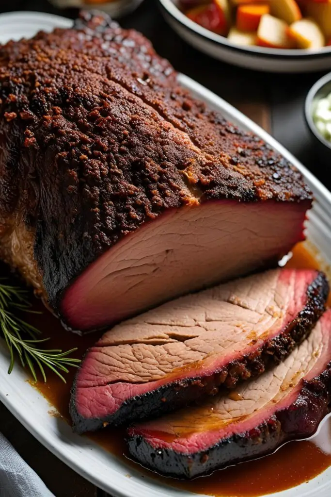 A beautifully plated coffee-rubbed brisket ready to serve, garnished with fresh herbs
