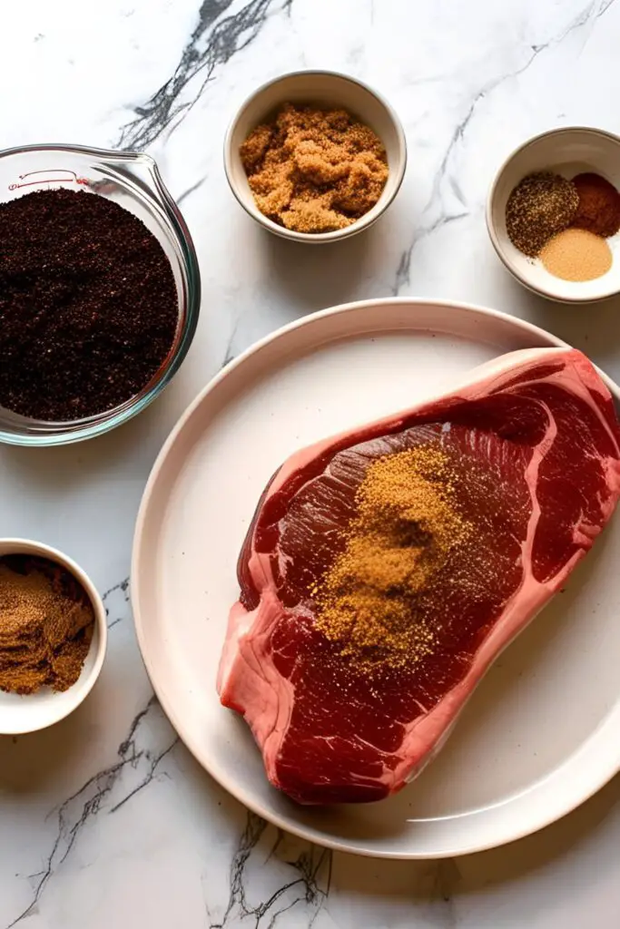 Alt Text: Juicy medium-rare coffee-rubbed steak served with sides on a plate