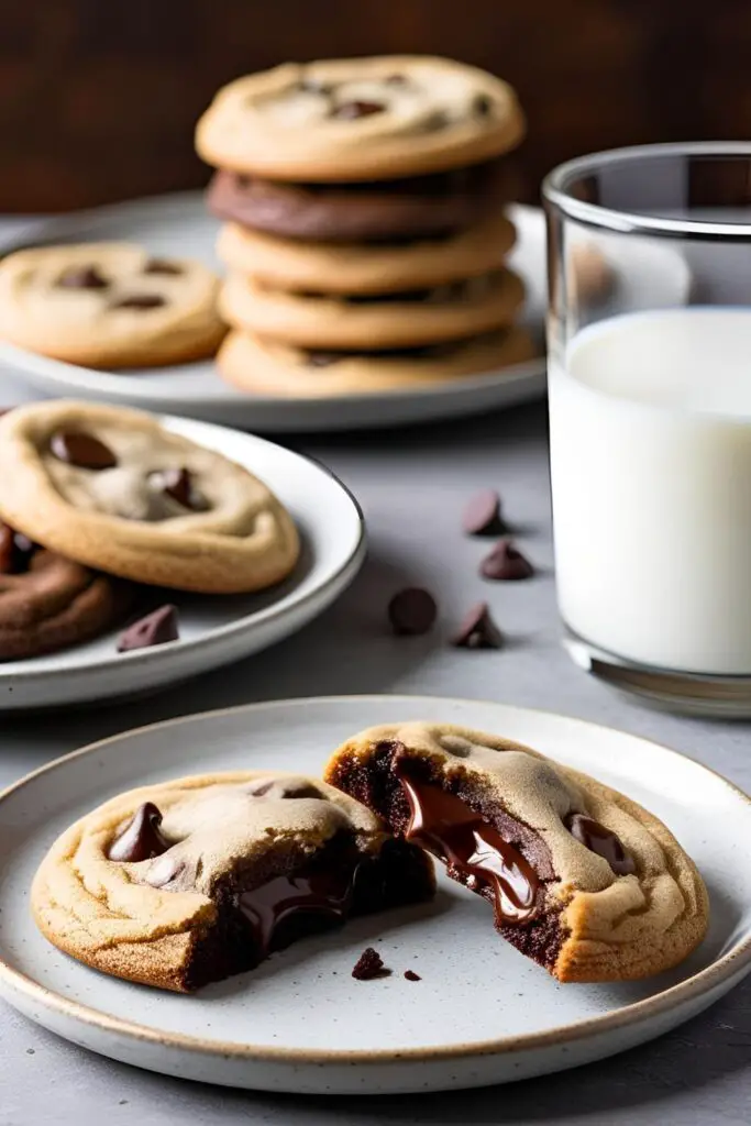 Plate of cold brew cookies with a glass of milk on a rustic table.