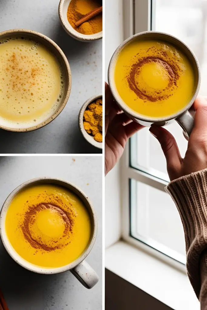 A hand holding a mug of steaming golden turmeric latte near a window with cozy sweater sleeves